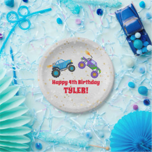Happy Birthday, Monster Trucks, Child's Name & Age Paper Plate