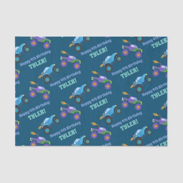 Happy Birthday Monster Trucks DIY Name/Age Dk Blue Tissue Paper (Front)