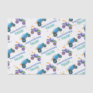 Happy Birthday, Monster Trucks Name/Age Gold Stars Tissue Paper