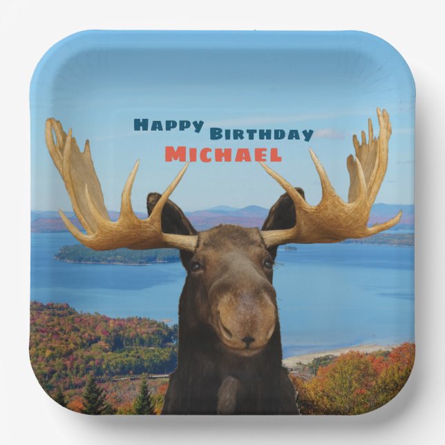 Happy Birthday Moose Wildlife Paper Plate (Front)