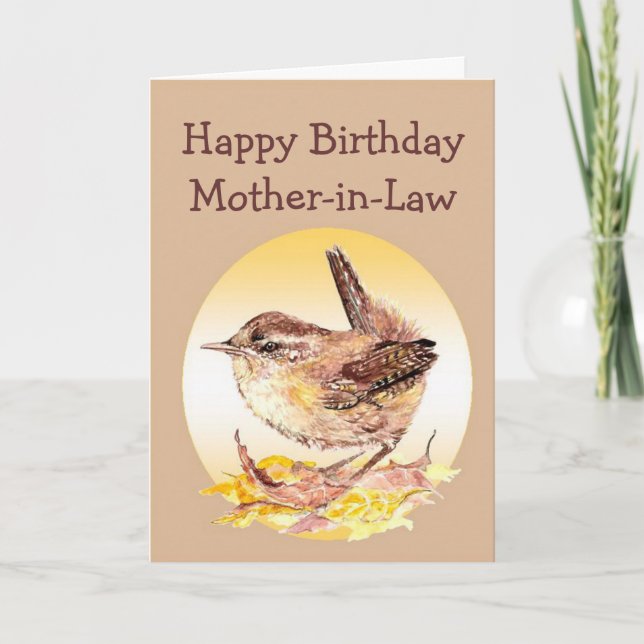 Happy Birthday Mother-in-Law Watercolor Wren Bird Card (Front)