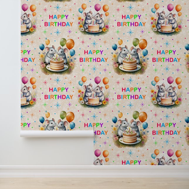 Happy Birthday Mouse Balloons Cream Texture Wallpaper (Application)