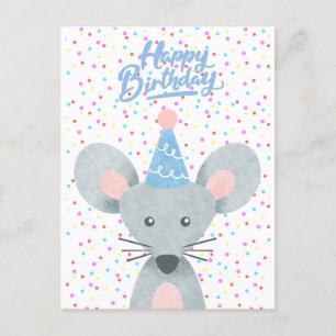 Happy Birthday Mouse Party Hat Confetti Festive Postcard