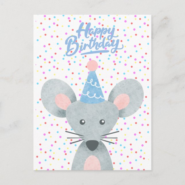 Happy Birthday Mouse Party Hat Confetti Festive Postcard (Front)