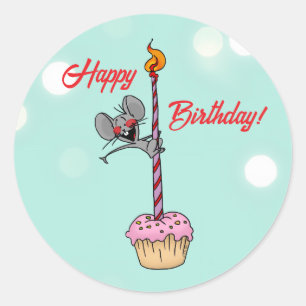 Happy Birthday Mouse with Cupcake and Candle Classic Round Sticker