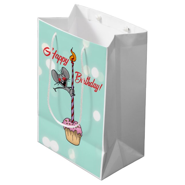 Happy Birthday Mouse with Cupcake and Candle Medium Gift Bag (Front Angled)