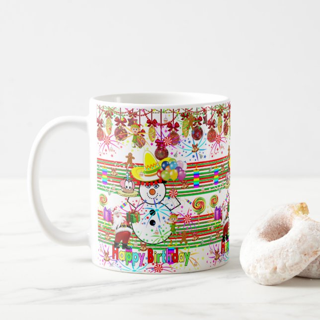 Happy Birthday Mug Snowman Santa Claus (With Donut)