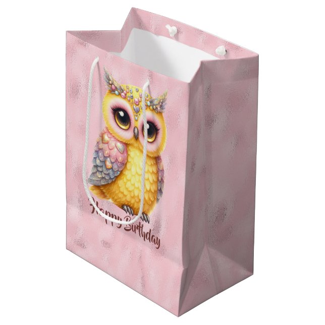Happy Birthday Multicolored Owl on Pink Medium Gift Bag (Front Angled)