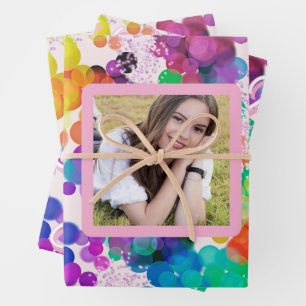 Happy Birthday Multicolour Abstract Bokeh Photo Wrapping Paper Sheet