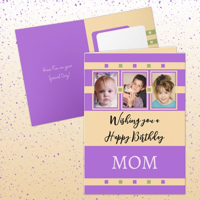 Happy Birthday Mum add 3 photos purple orange Card (Creator Uploaded)