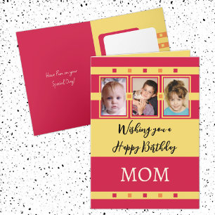 Happy Birthday Mum add 3 photos red yellow Card