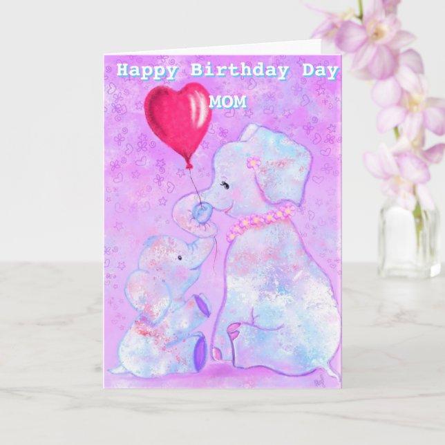 Happy Birthday Mum Card Elephant Mum and Baby (Orchid)