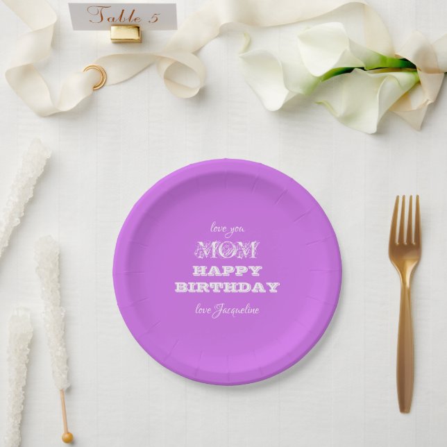 Happy Birthday Mum Chic Script Elegant Violet Paper Plate (Wedding)