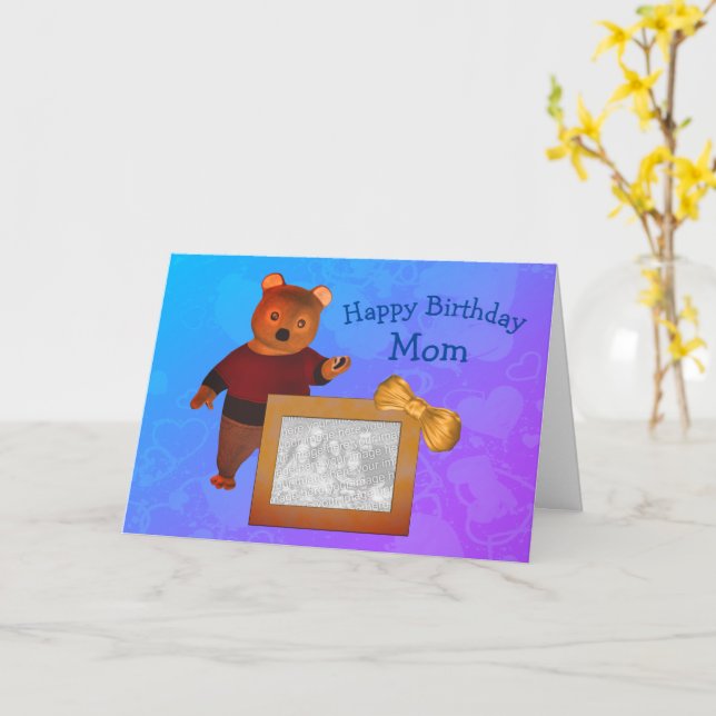 Happy Birthday Mum Cute Bear Photo Card (Yellow Flower)