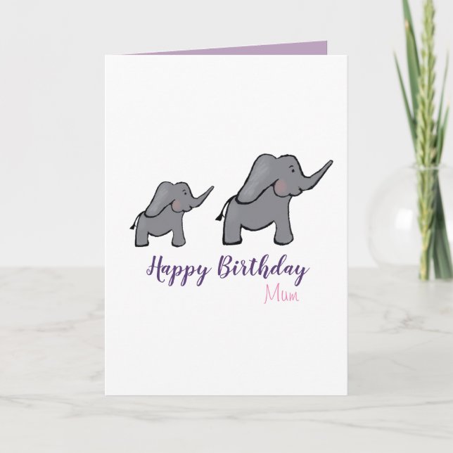 Happy birthday mum cute elephant mother & baby card (Front)