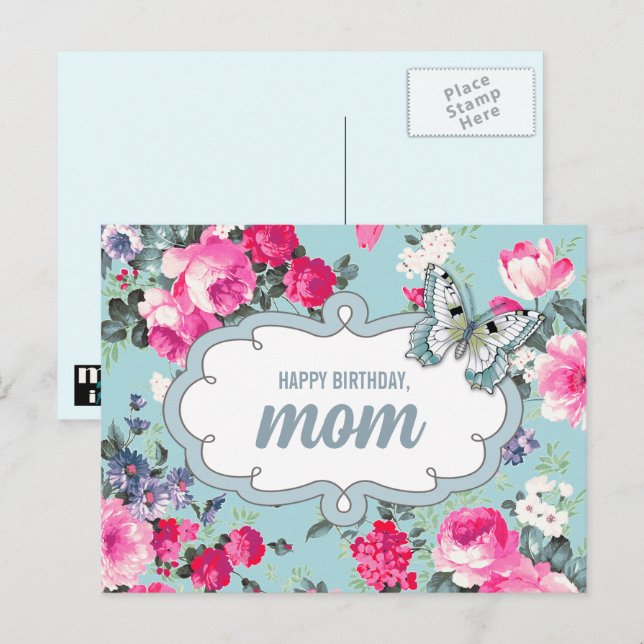 Happy Birthday, Mum. Flowers & Butterfly Postcard (Front/Back)