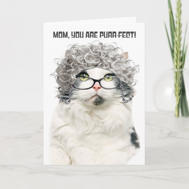 Happy Birthday Mum Funny Old Cat With Grey Hair  Holiday Card (Front)