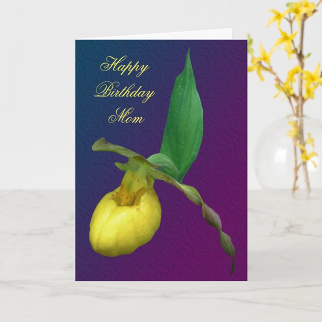 Happy Birthday Mum Lady Slipper Flower Card (Yellow Flower)