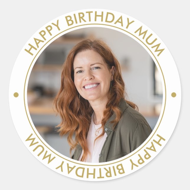 Happy Birthday Mum Modern Elegant Photo white Classic Round Sticker (Front)