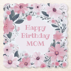 Happy Birthday Mum Pastel Pink Flowers Floral Paper Coaster