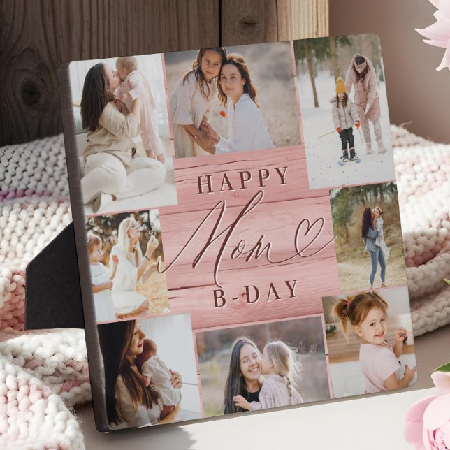 Happy Birthday Mum Photo Collage Pink Woodgrain Plaque (Happy Birthday Mom Photo Collage Pink Woodgrain Plaque)