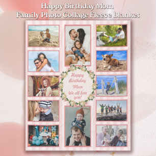 Happy Birthday Mum Pink Rose Photo Collage Fleece Blanket