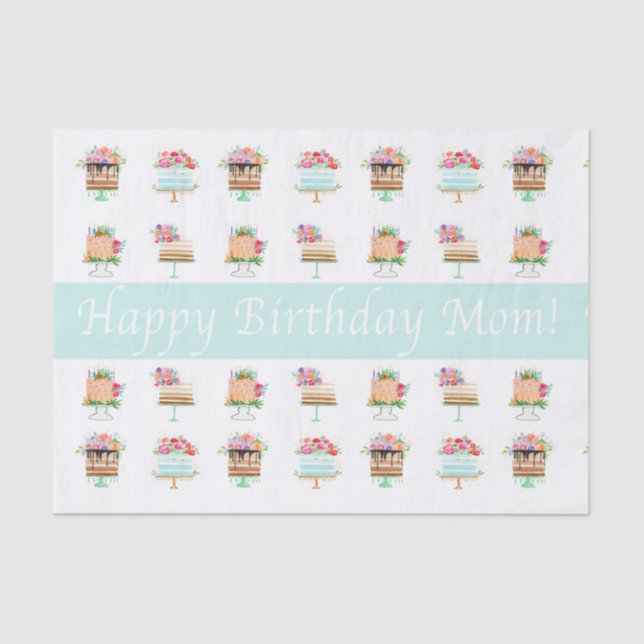 Happy Birthday Mum Watercolor Floral Cakes Tissue Paper (Front)