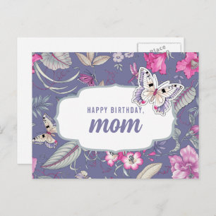 Happy Birthday Mum. Watercolor Flowers & Butterfly Postcard