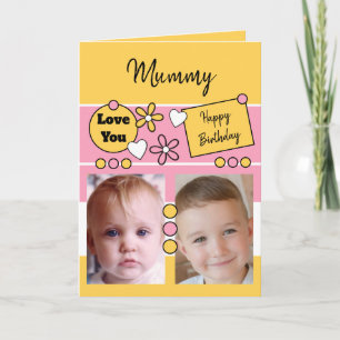 Happy Birthday Mummy pink yellow with photos Card