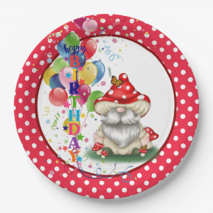 Happy Birthday Mushroom Gnome Paper Plate