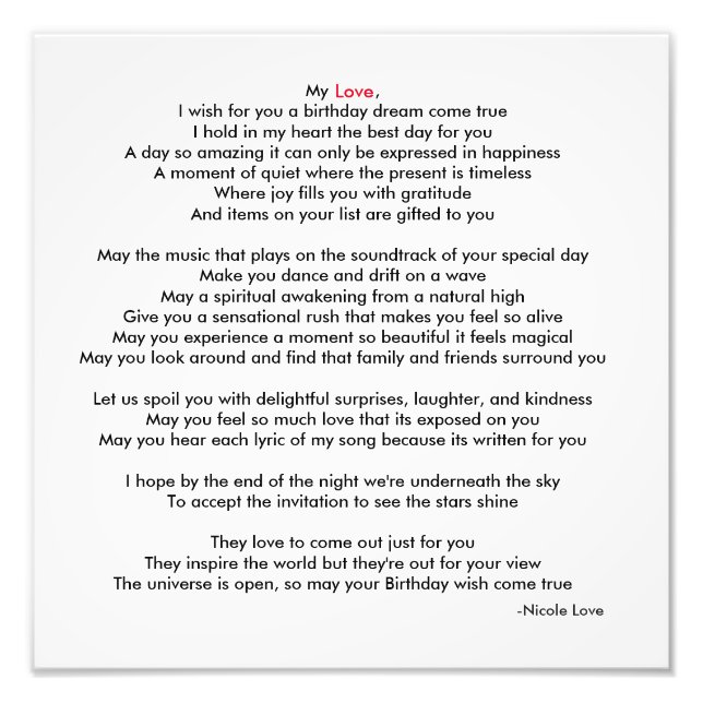 Happy Birthday My Love Poem Picture Photo Print (Front)