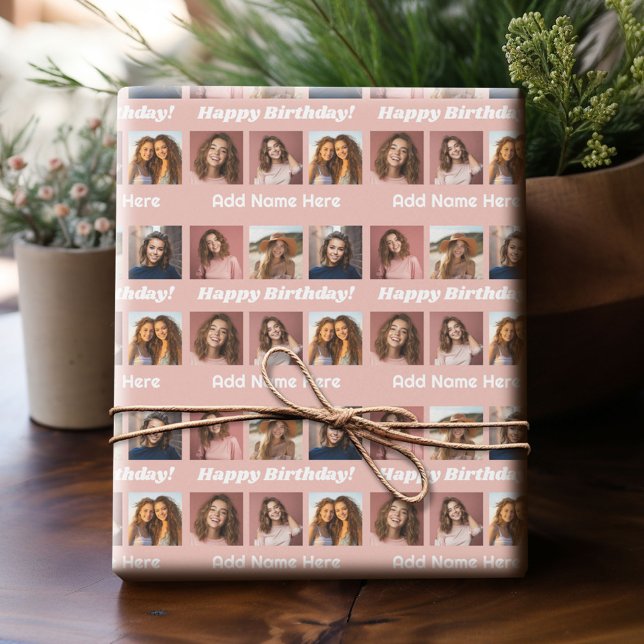 Happy Birthday Name 6 Square Photo Collage Pink Wrapping Paper (Custom Photo Wrapping Paper)