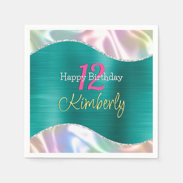 Happy Birthday, Name Age Iridescent & Aqua Wave Napkin (Front)