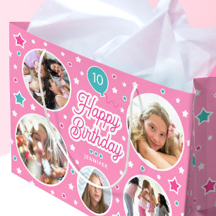Happy Birthday Name Age Photo Collage Bright Pink Large Gift Bag