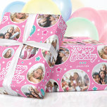 Happy Birthday Name Age Photo Collage Bright Pink Wrapping Paper<br><div class="desc">Celebrate a special birthday with custom photo gift wrap! This cute and stylish template is personalised with your child's name,  age and six favourite photographs! A seamless pattern wrapping paper,  featuring round picture frames,  with a balloon,  and stars. Printed colours: bright pink,  candy pink,  turquoise and white.</div>