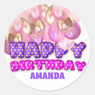 Happy Birthday Name Balloons Pink Purple Gold Classic Round Sticker
