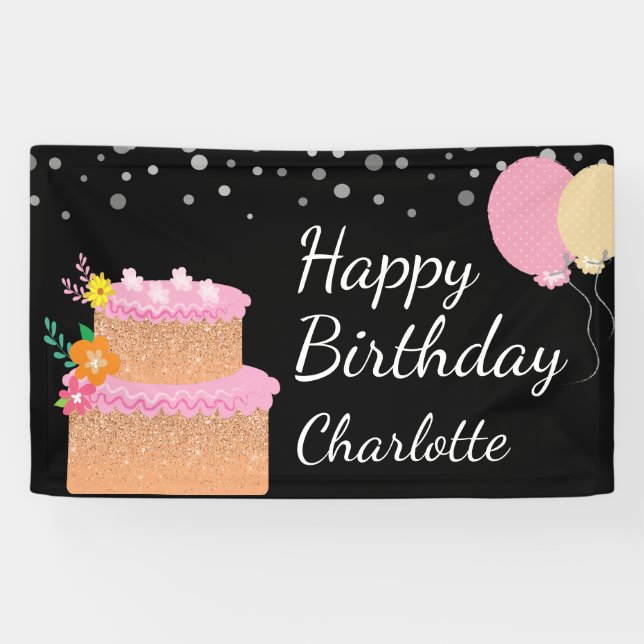 Happy Birthday Name Birthday Cake and Balloons Banner (Horizontal)
