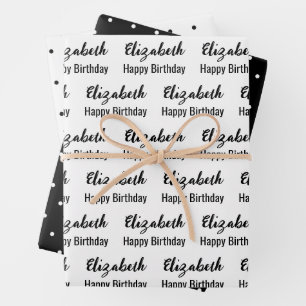 Happy Birthday Name Black and White Polka Dots Wrapping Paper Sheet