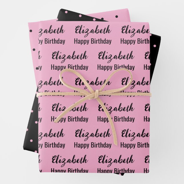 Happy Birthday Name Black Light Pink Polka Dots Wrapping Paper Sheet (In situ)