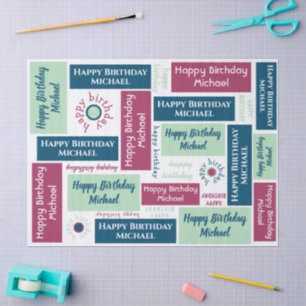 Happy Birthday Name Blue Mint Green Burgundy Tissue Paper