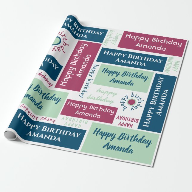 Happy Birthday Name Blue Mint Green Dark Pink Wrapping Paper (Unrolled)