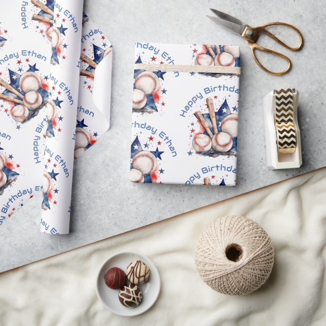 Happy Birthday Name Blue Red Bat Baseball Wrapping Paper (Crafts)