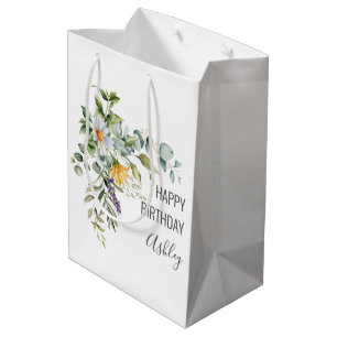 Happy Birthday + Name Floral Medium Gift Bag