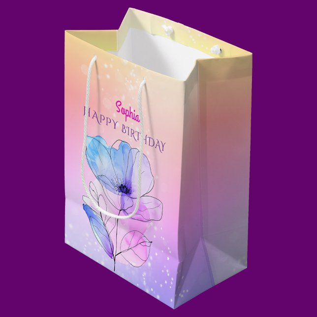 Happy Birthday, Name, Flower Gold, Pink & Purple  Medium Gift Bag (Creator Uploaded)