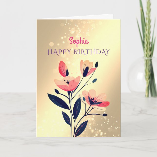Happy Birthday, Name, Flowers on Gold Card (Front)
