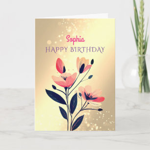 Happy Birthday, Name, Flowers on Gold Card
