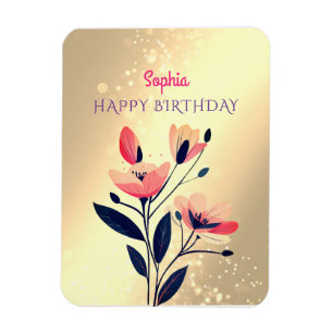 Happy Birthday, Name, Flowers on Gold Magnet