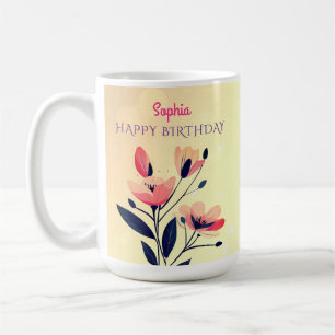 Happy Birthday, Name, Flowers on Gradient Gold Coffee Mug