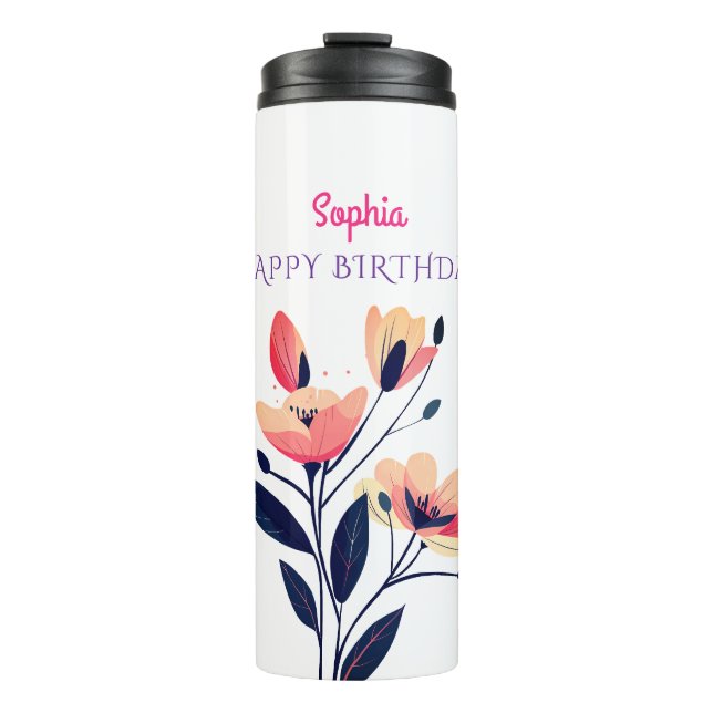 Happy Birthday, Name, Flowers on White Thermal Tumbler (Front)