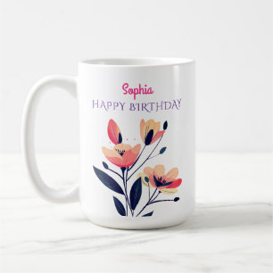 Happy Birthday, Name, Flowers, White Coffee Mug